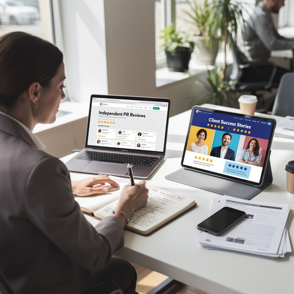 Entrepreneur comparing PR agency reviews across an independent verification platform and an agency-owned testimonial page, identifying red flags before choosing a PR partner
