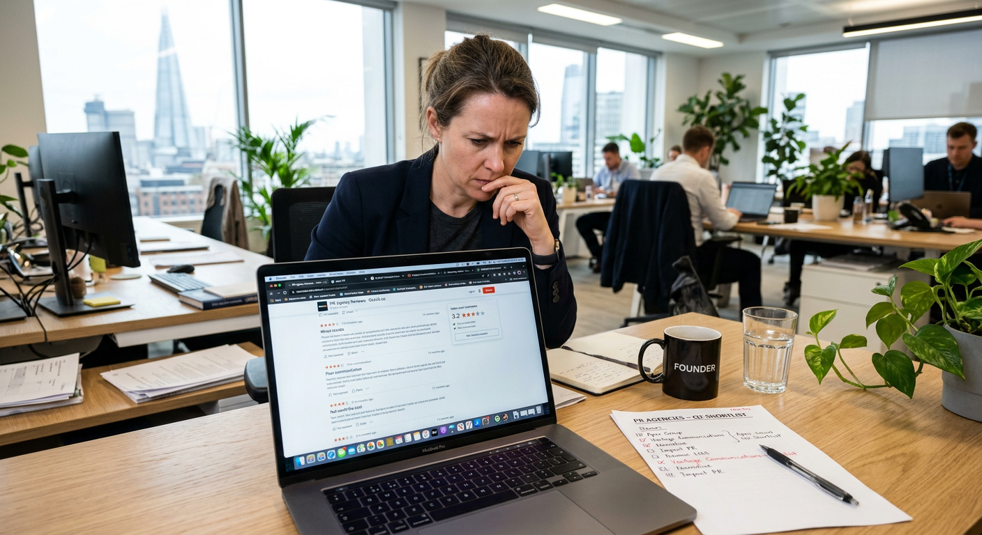 Business founder reading PR agency reviews on a laptop with a sceptical expression, looking for red flags before signing with a communications agency