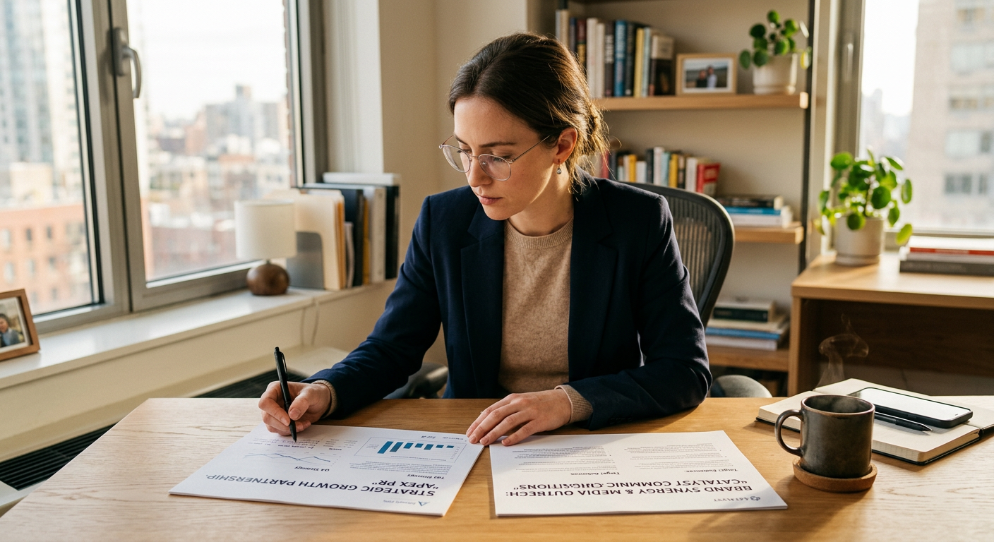 Entrepreneur comparing PR agency proposals at a desk to find a PR agency that delivers real business results