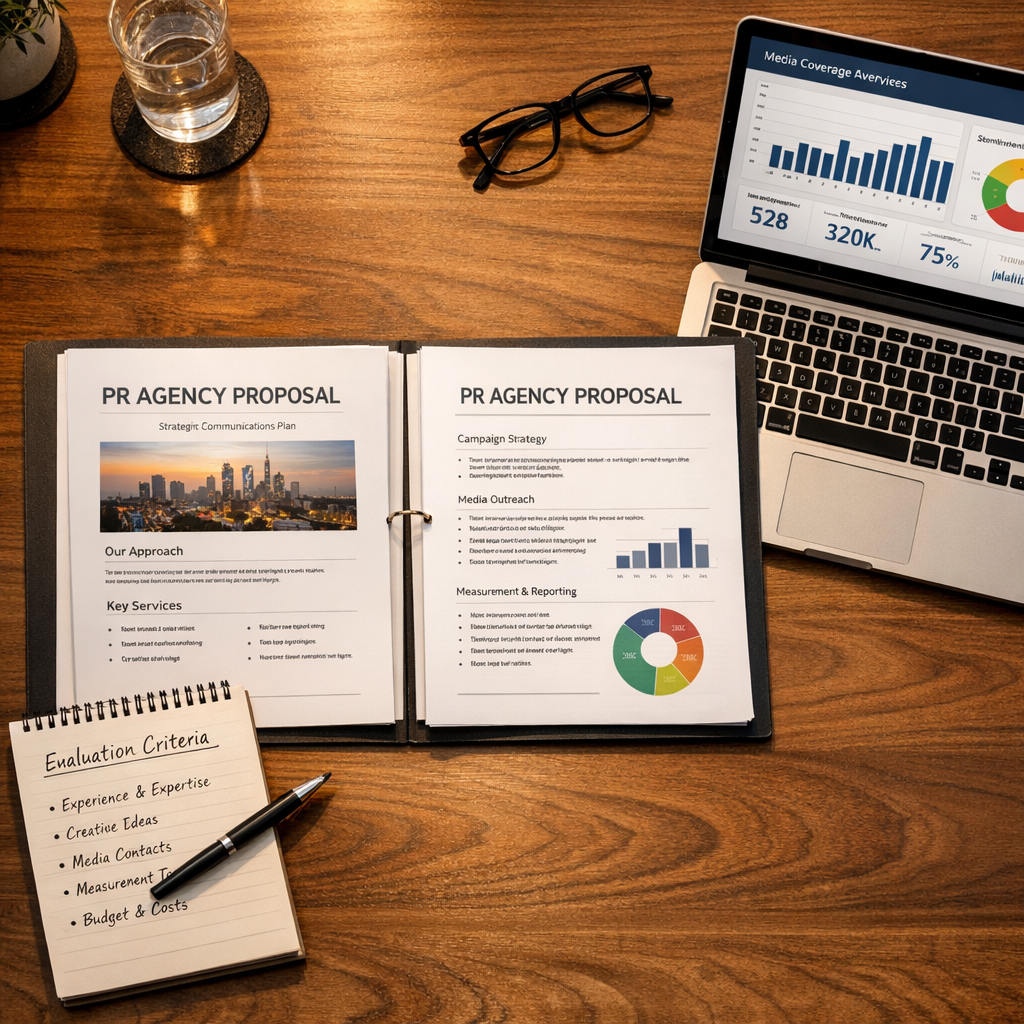 PR agency comparison documents and media analytics on a boardroom table for final selection after finding a PR agency shortlist