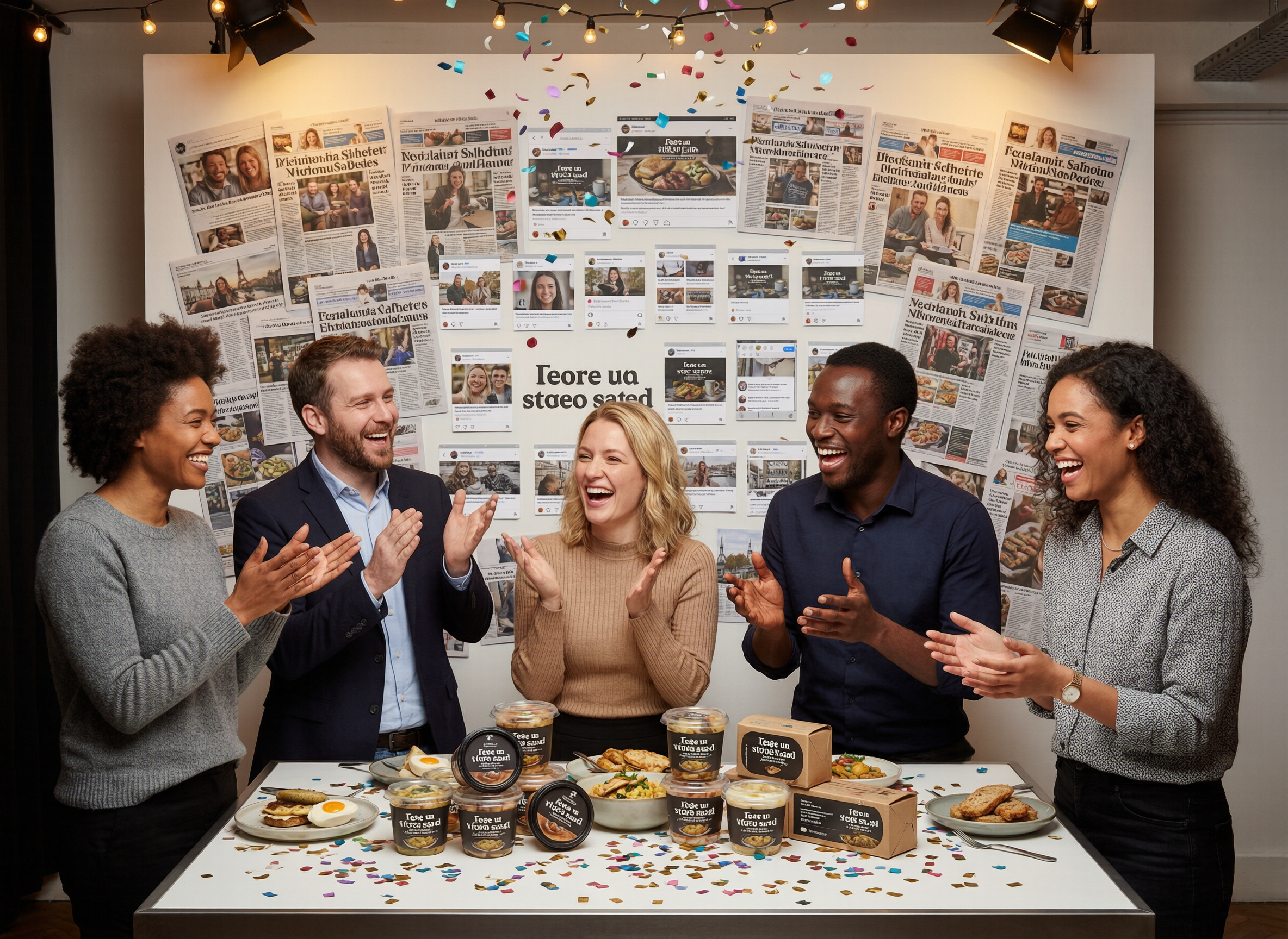 Hope&Glory food campaign launch team celebrating national press coverage and social media results for a major UK food brand in a London agency studio